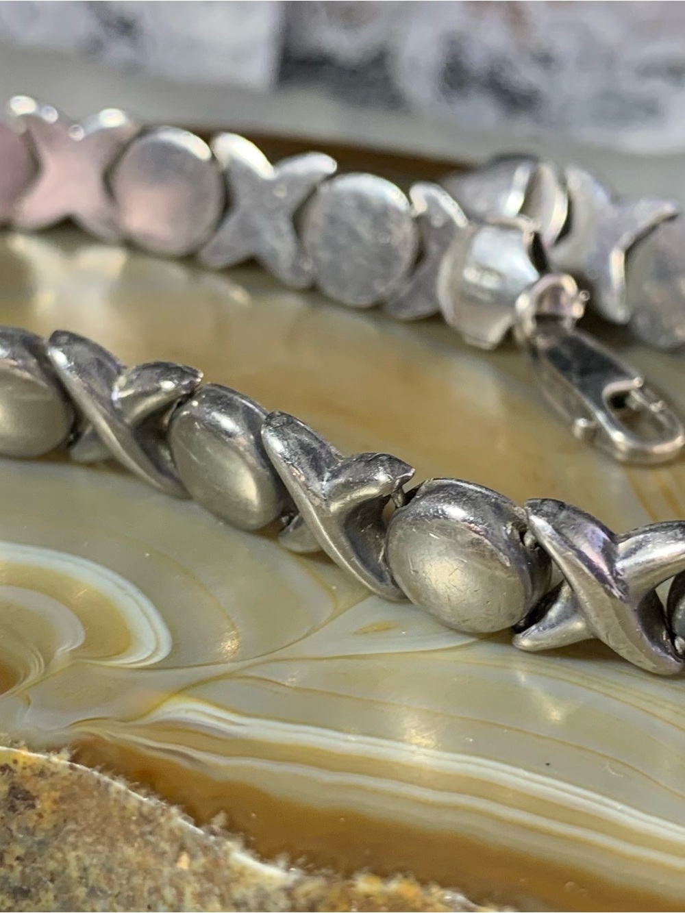 Vintage Sterling Silver XOXO Link Round Bead Bracelet 7.5"